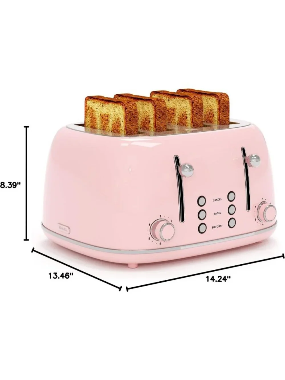 4 Slice Pink Retro Stainless with 6 Bread Shade Settings 1.5''Wide Slots Toaster